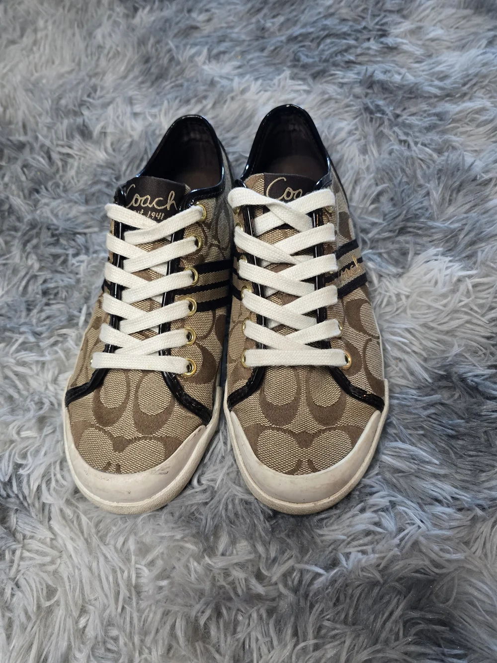 Coach Monogram Low-Top Sneakers in Brown, Cream & Black, Size 6